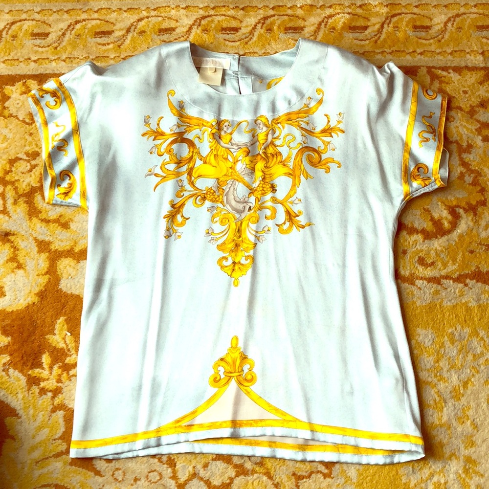 Escada 100% silk blouse rococo baroque top fish S